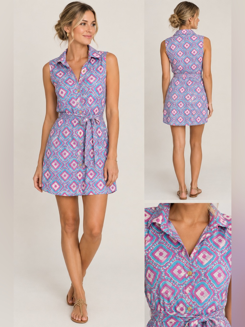 escapada Sleeveless Midi Dress in Pink & Teal Geometric